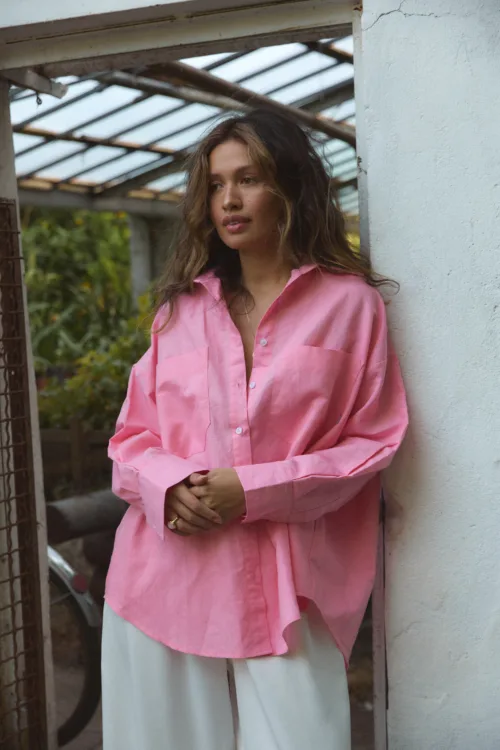 Сорочка жіноча рожева з льону oversize one size