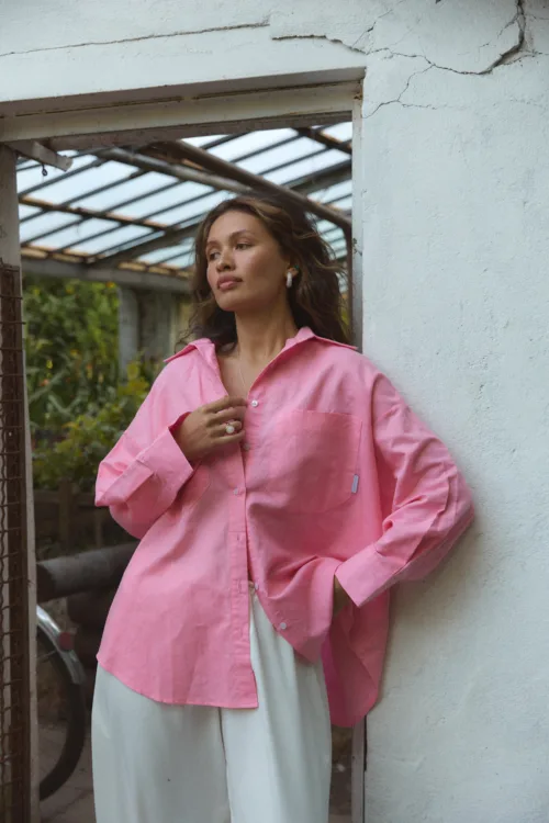 Сорочка жіноча рожева з льону oversize one size