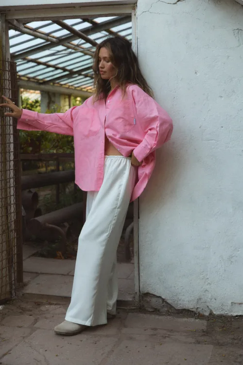 Сорочка жіноча рожева з льону oversize one size