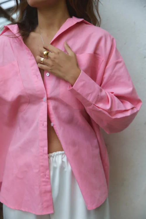 Сорочка жіноча рожева з льону oversize one size