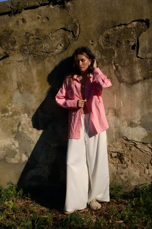 Сорочка жіноча рожева з льону oversize one size