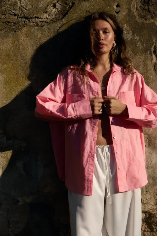 Сорочка жіноча рожева з льону oversize one size