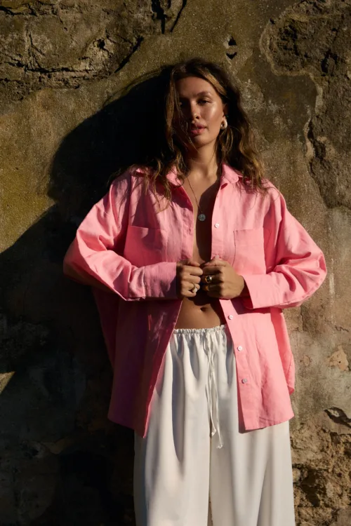 Сорочка жіноча рожева з льону oversize one size