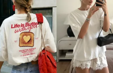 Split-image: left panel shows a person wearing a white oversized tee with a toasted-bread graphic and red text, red quilted bag slung over shoulder; right panel shows the same person in a white top and lace-trim shorts, posing with a black handbag in a mirror selfie.