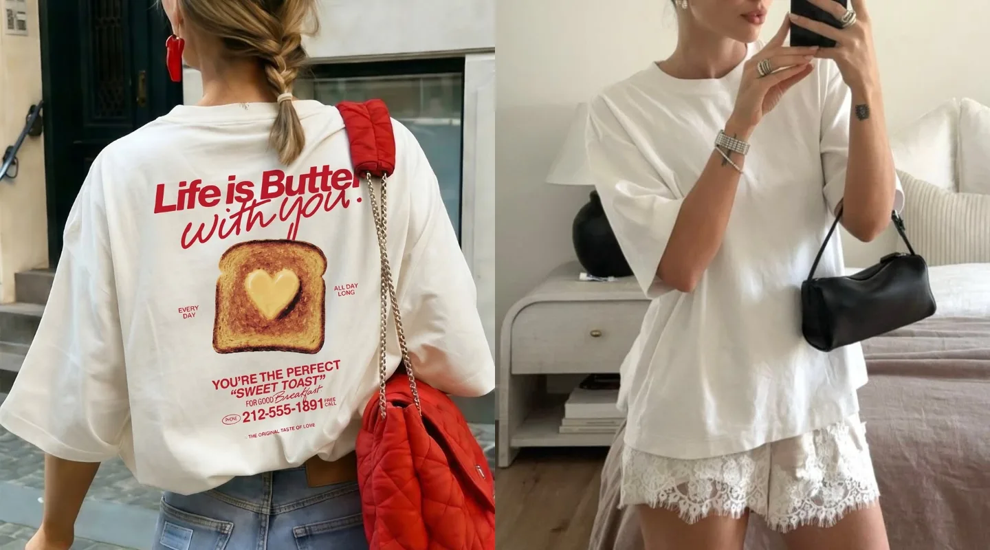 Жіночі футболки на літо: базові й oversize - Split-image: left panel shows a person wearing a white oversized tee with a toasted-bread graphic and red text, red quilted bag slung over shoulder; right panel shows the same person in a white top and lace-trim shorts, posing with a black handbag in a mirror selfie.