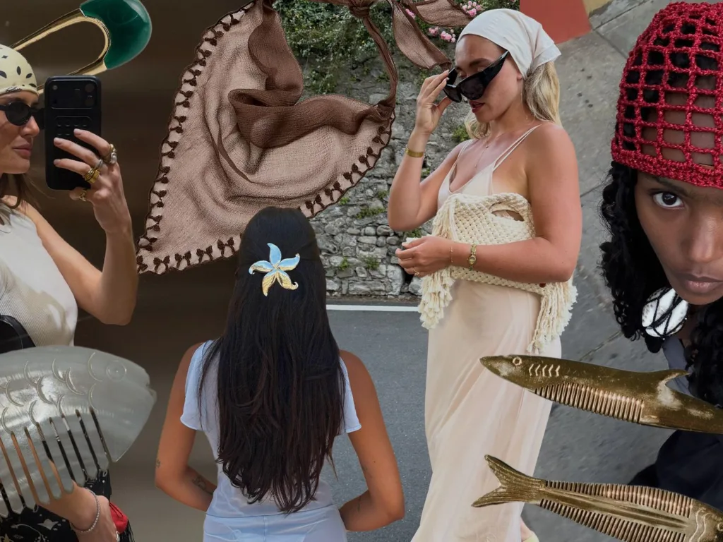 Жіночі аксесуари для літніх образів | Romanova - Group of women in light summer outfits posing on a street, with hats, sunglasses, and a crochet bag; a girl with a blue flower hair clip stands with her back to the camera.