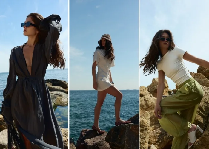 Triptych of a woman posing on rocky shore by the sea in three outfits: dark robe, white dress, and white top with green pants.