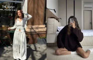Two-panel shot: left woman in a white zip-up hoodie and wide-leg pants outside a cafe; right woman in an oversized dark sweater taking a mirror selfie on a bedroom floor.
